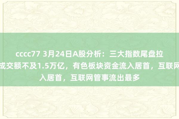 cccc77 3月24日A股分析：三大指数尾盘拉升转涨，两市成交额不及1.5万亿，有色板块资金流入居首，互联网管事流出最多